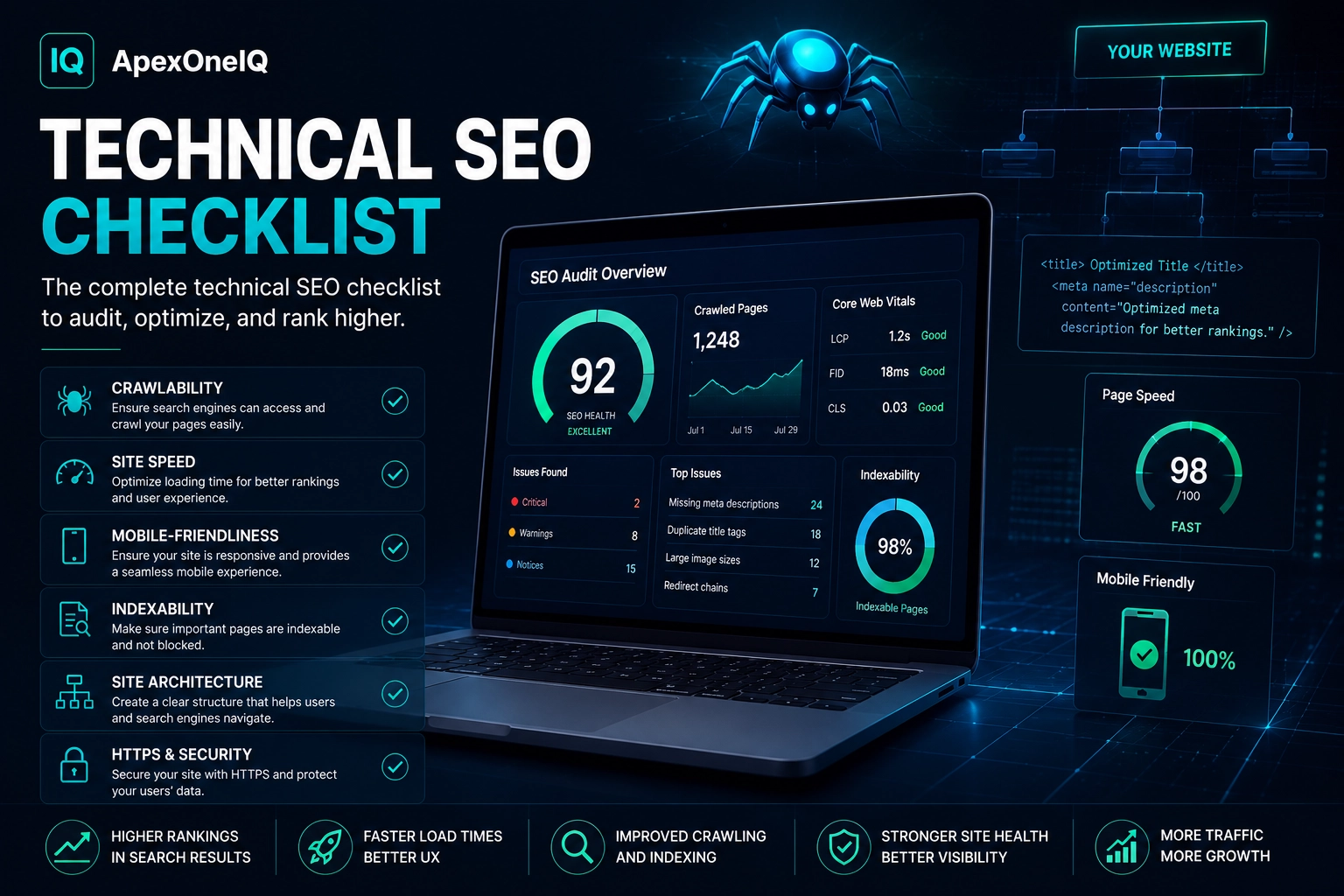 ApexOneIQ technical SEO checklist graphic showing crawlability, site speed, mobile friendliness, indexability, site architecture, and HTTPS security